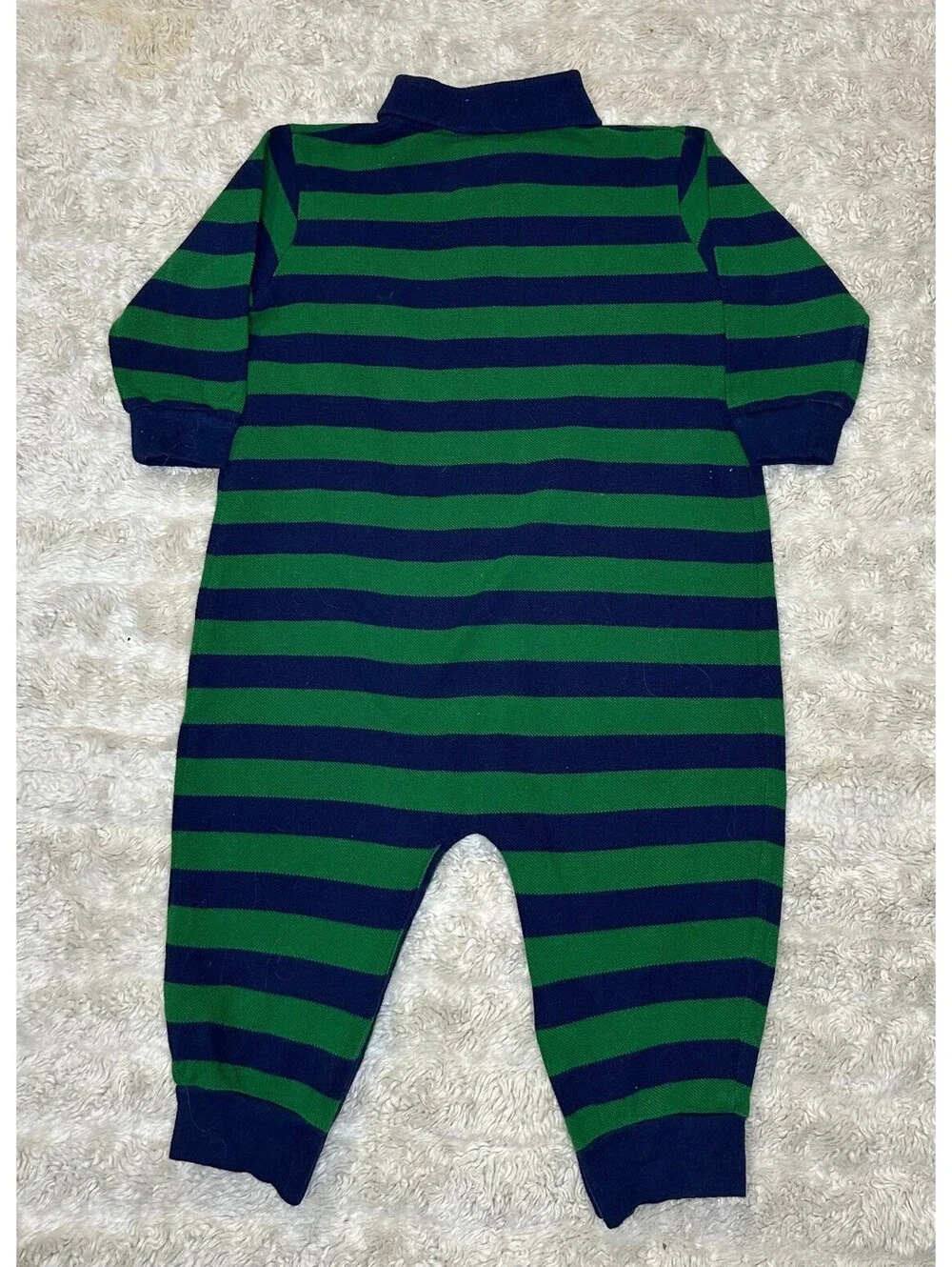Polo by Ralph Lauren navy green striped rugby-style one-piece/romper 18M preppy